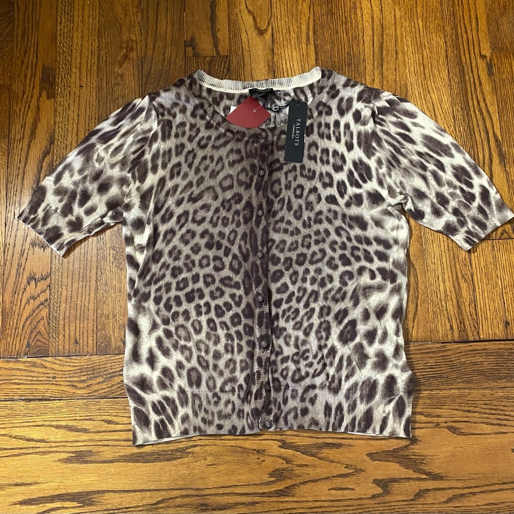 Talbots Lady’s' Leopard Print Short Sleeve Cardigan - Brown/Cream